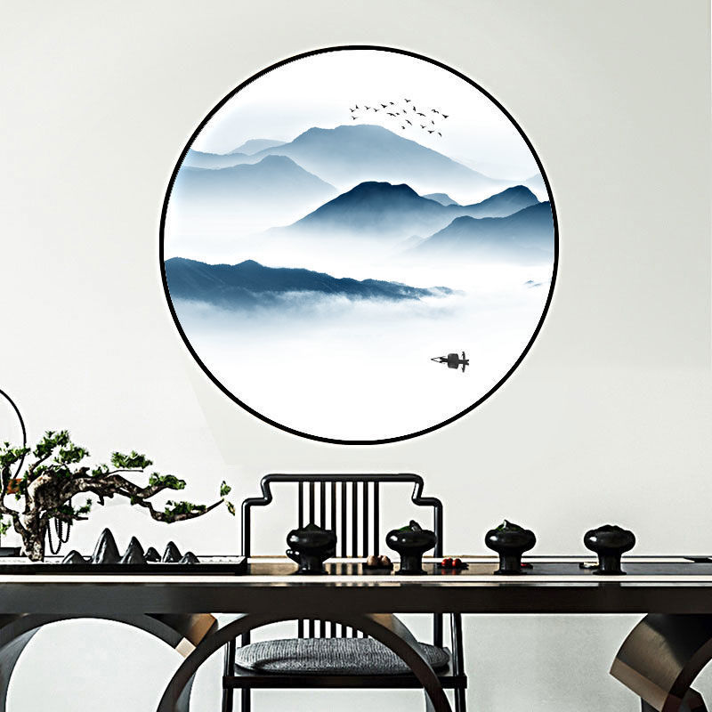 新中式圆形装饰画客厅玄关挂画茶室餐厅酒店包厢墙画风山水画
