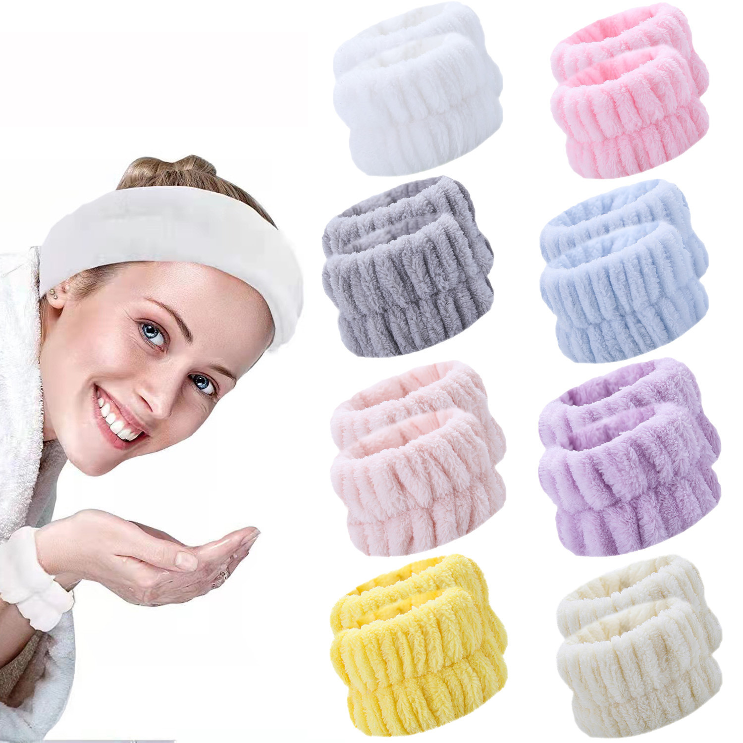 2022 Cross-border plush solid color face wash wrist sports bracelet headband waterproof hand washing protection manufacturers direct sales full figure