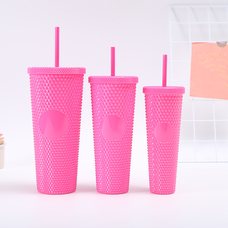 Trending Creative Diamond Plastic Cup Three-Piece Set Large Capacity Solid Color Cup with Straw Single Layer Tie Hand Durian Cup Wholesale