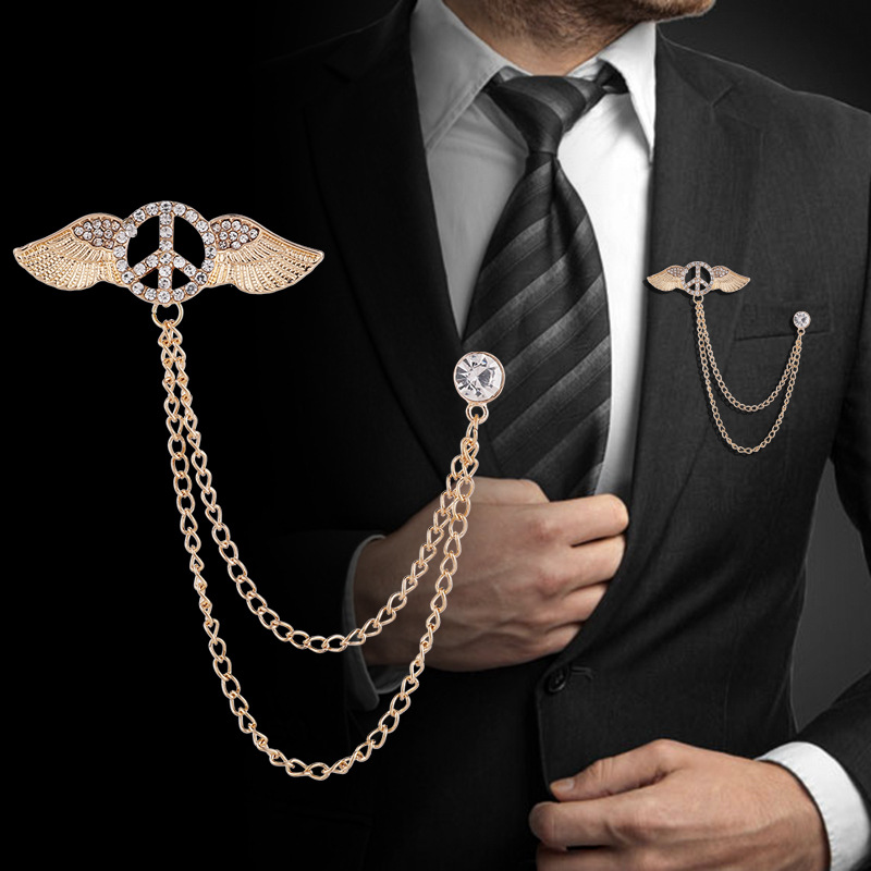 男士胸针胸花韩国高档西服徽章天使翅膀链条别针扣领针女复古胸章