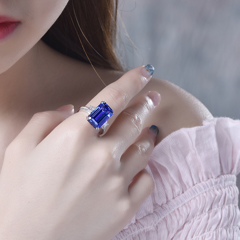 新款高端气质长方蓝宝石仿真坦桑石开口戒指女 时尚活口指环饰品