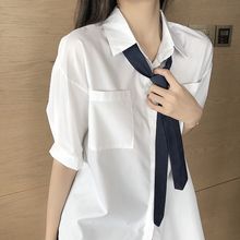韩版短袖衬衫女2024新款夏季宽松显瘦百搭中长款休闲白色正装衬衣