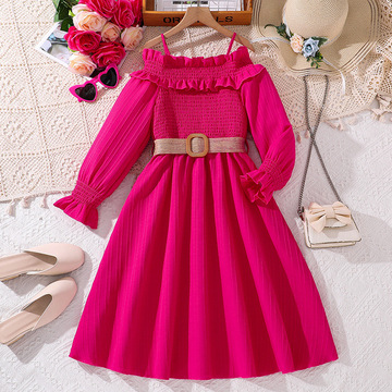 女大童连衣裙秋季童装外贸新款吊带一字肩长袖公主裙女孩裙子7-12