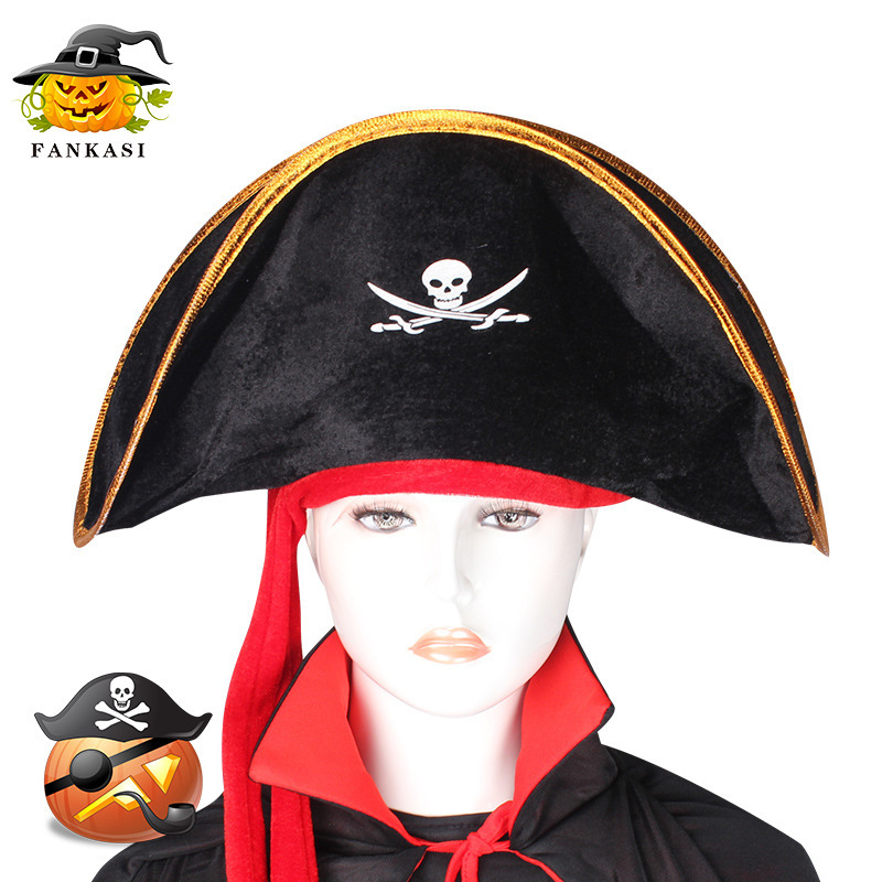 cosplay帽子 万圣节道具 杰克海盗船长帽 红带子骷髅海盗帽