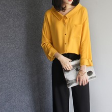 2024夏季新款黄色长袖宽松气质口袋衬衣轻熟风设计感雪纺衬衫女