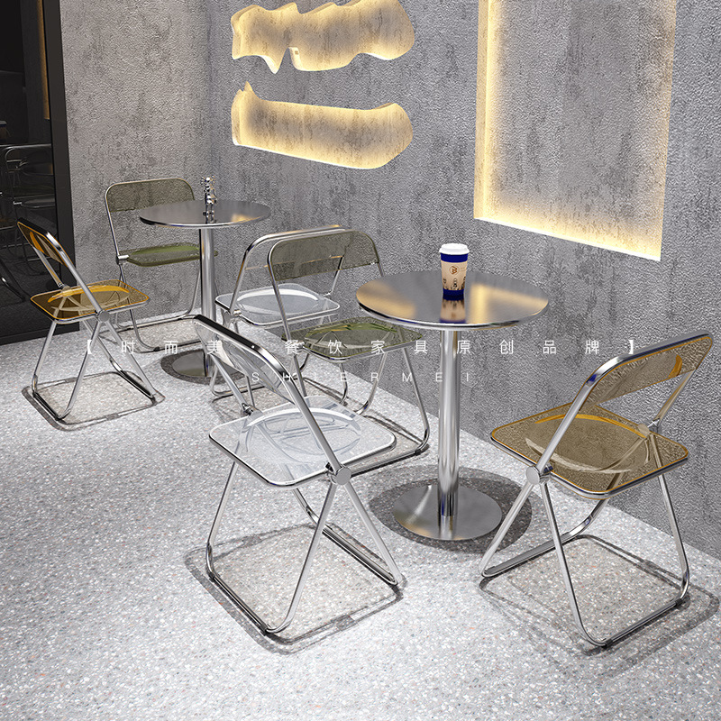 Industrial Style Coffee Shop Milk Tea Shop Stainless Steel Table and Chair Combination Internet Celebrity Dessert Snack Shop Transparent Folding Chair Commercial