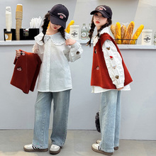 女童套装洋气2024春秋新款儿童女孩韩版时尚马甲衬衫牛仔裤两件套