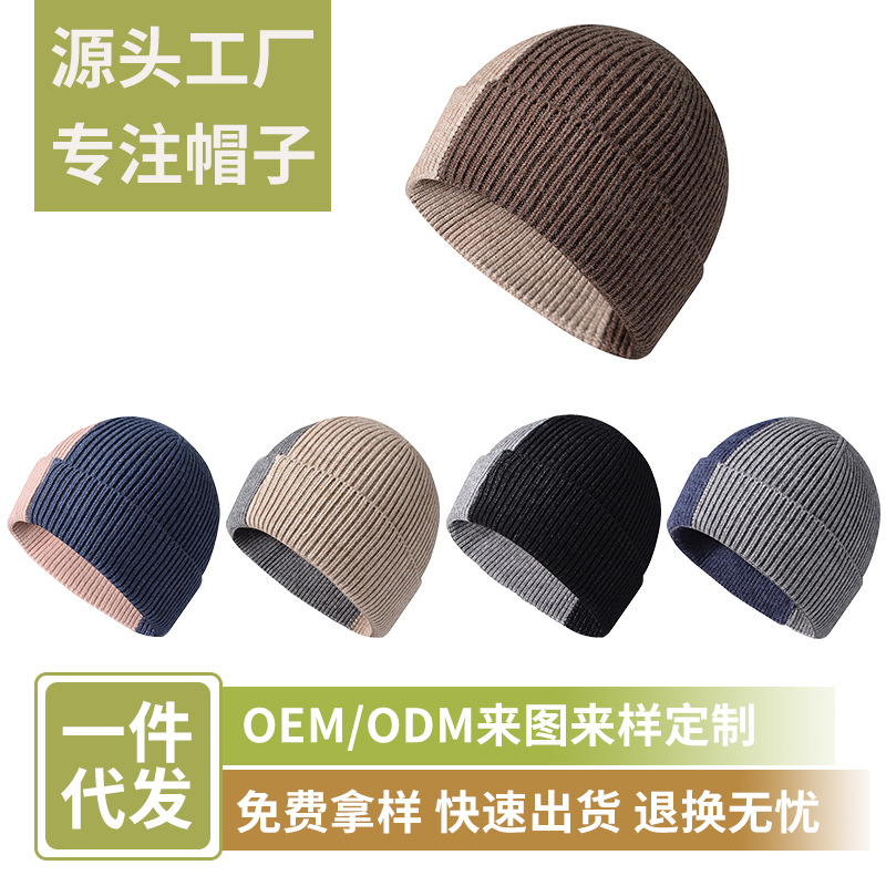 Autumn and Winter New Fashion Colorblock Knitted Hat Women's Leisure Travel Hat Simple Sleeve Cap Core-Spun Yarn Woolen Cap