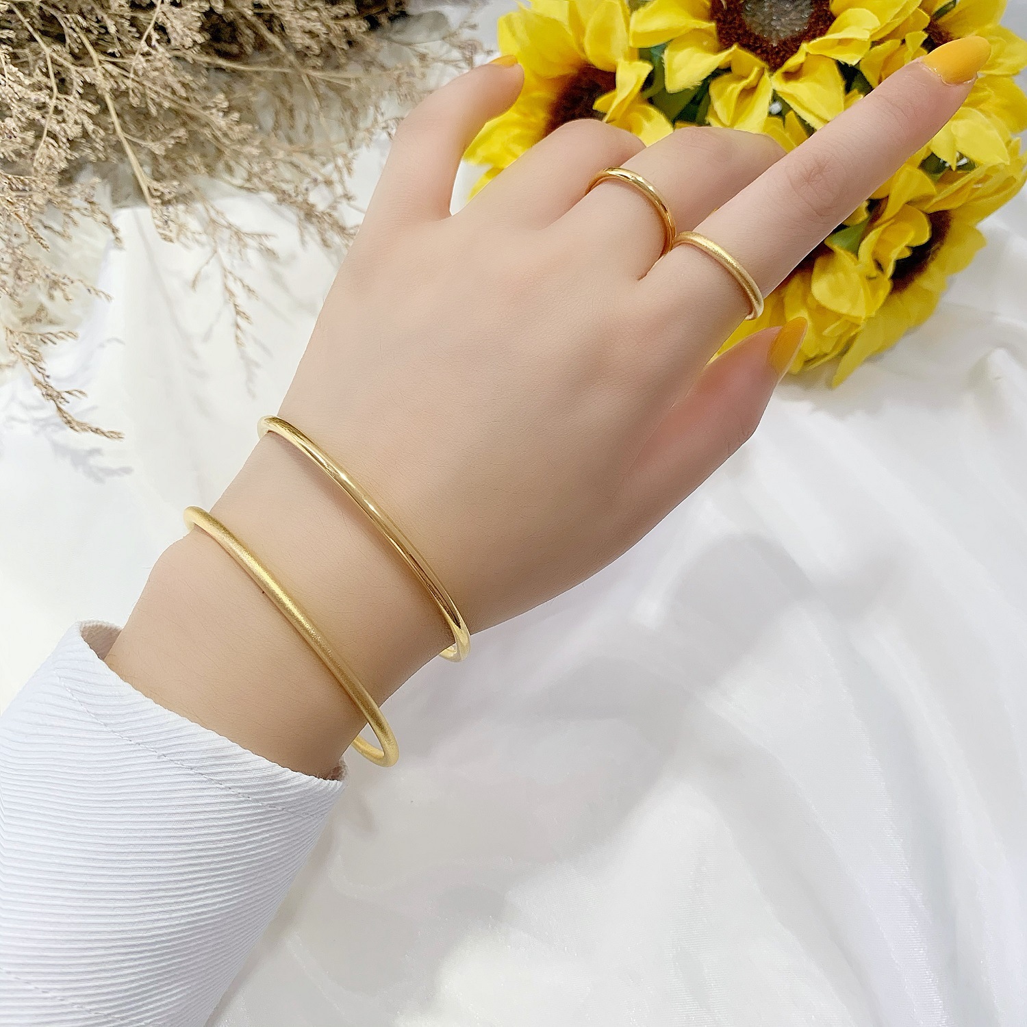 古法传承素圈包沙金手镯戒指女 气质百搭镀18k仿黄金指环戒子手环