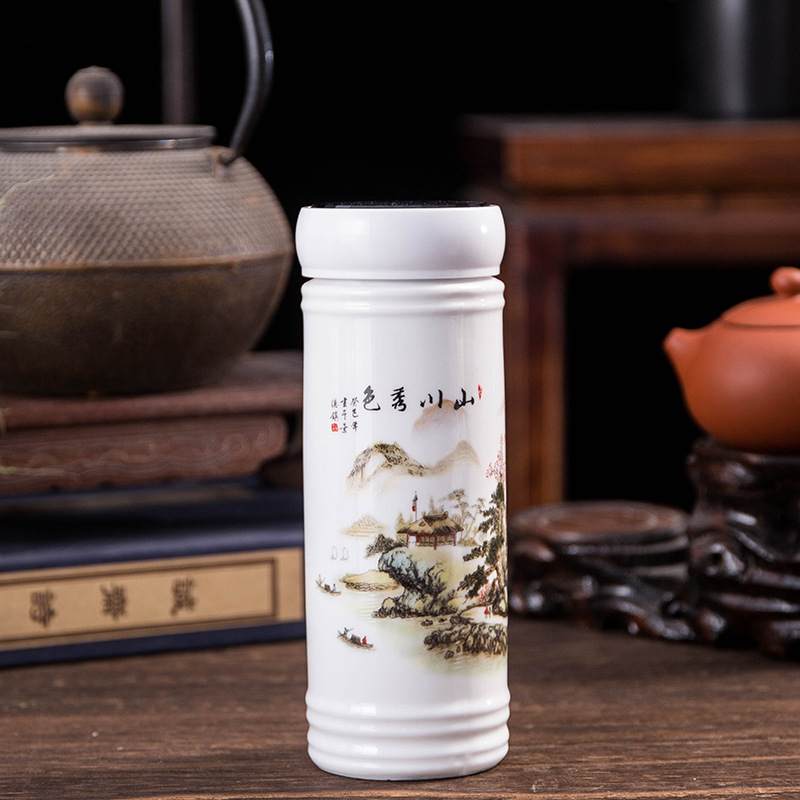 Jingdezhen Ceramic Thermos Cup Blue and White Straight Tube Handy Car Business Gift Cup Logo Making Factory Wholesale