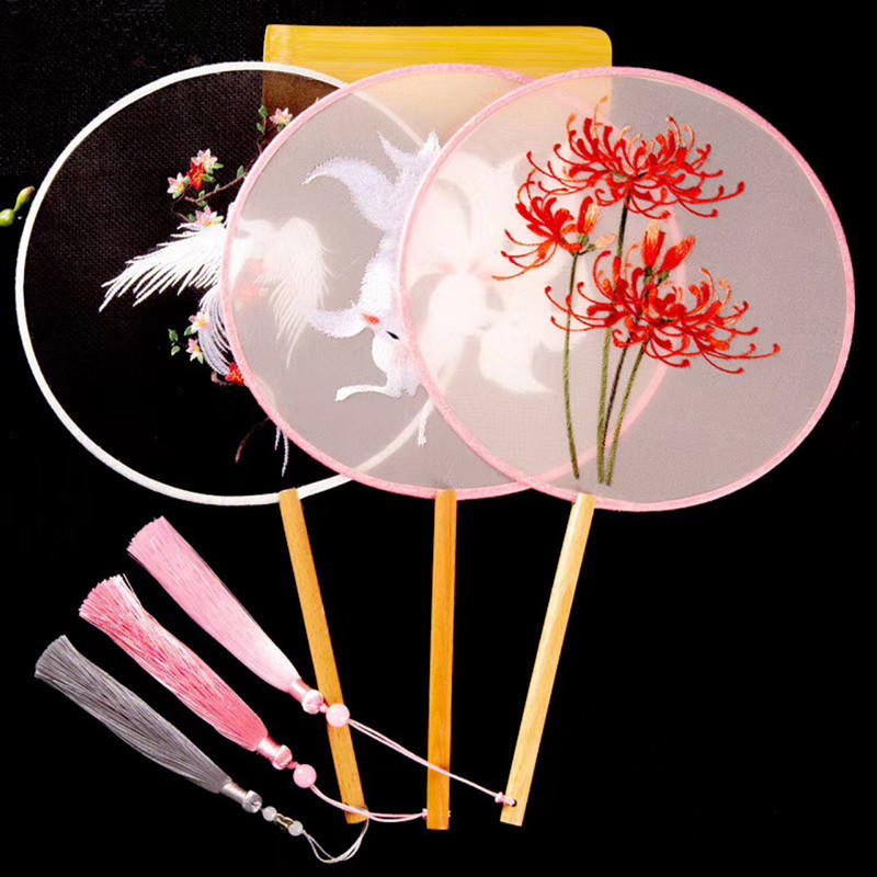 透明单面刺绣宫扇 古风汉服中国风团扇 真丝线扇子