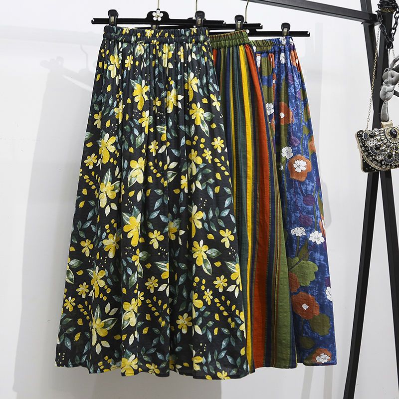 棉2023夏季新款印花半身裙碎花色伞裙大摆波点中长裙