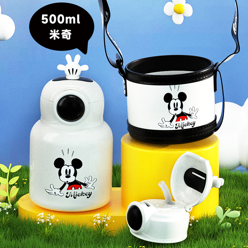 Disney Thermos Cup Cartoon Simple and Portable Strap Cup with Straw Good-looking Large Capacity Primary School Student Drinking Water Bottle