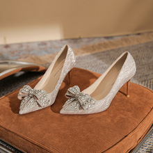6681-21法式水晶新娘鞋婚鞋新款亮片水钻蝴蝶结高跟鞋女尖头单鞋