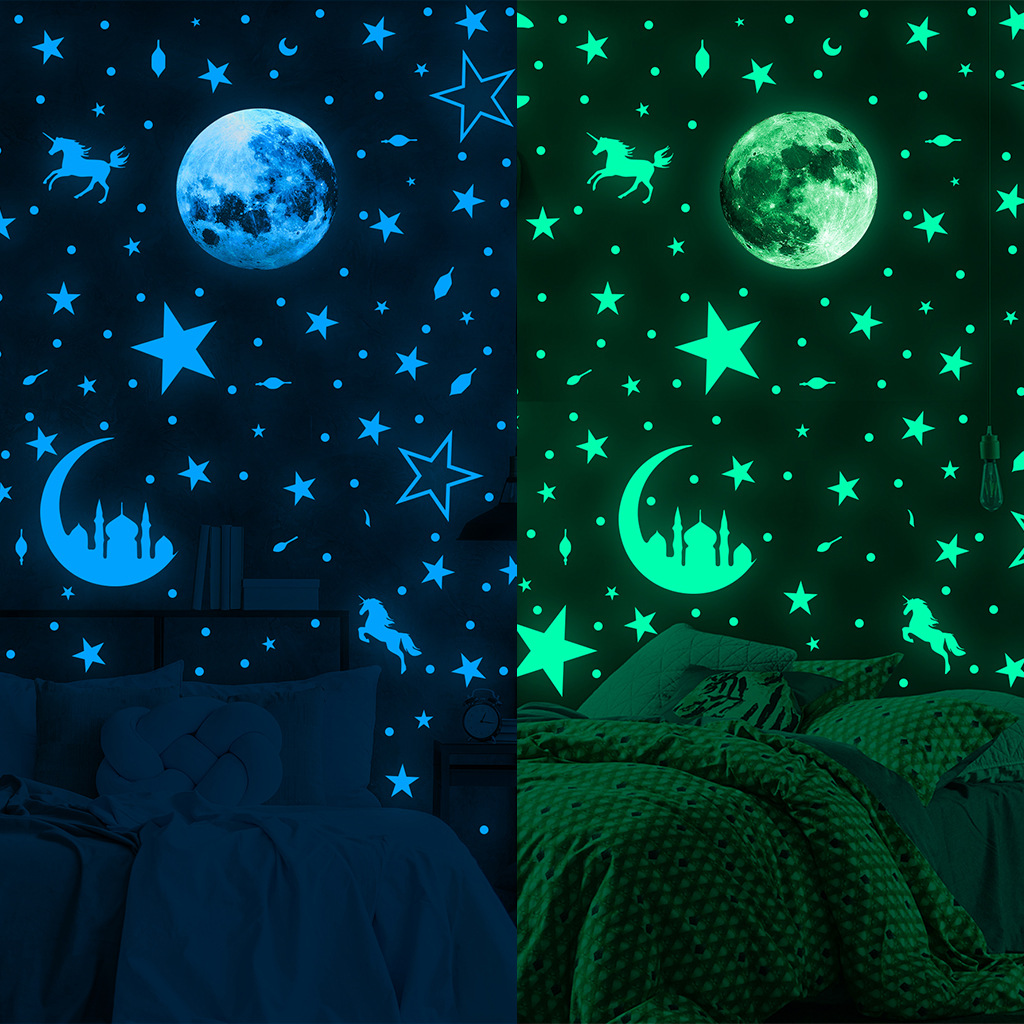 月亮独角兽城堡星星夜光贴纸 afg3510奥弗蓝色夜光星星墙贴批发