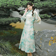 夏季新中式禅意国风七分袖印花上衣松紧腰半身裙茶服新中式套装女