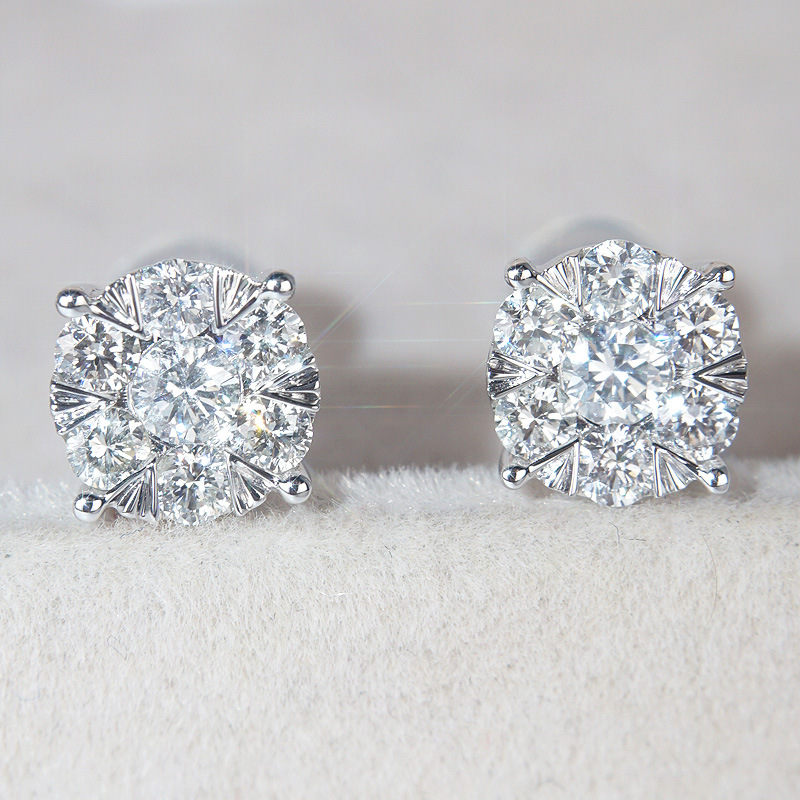 s925银针群镶30分仿真钻石耳钉六围一钻石耳饰简约经典镀白金