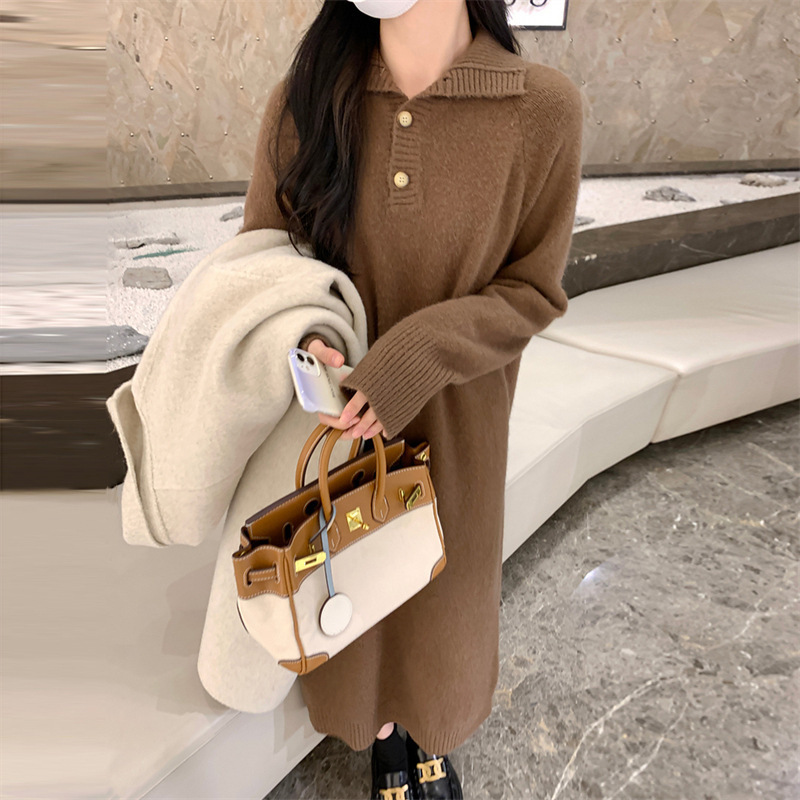 Korean Style Autumn and Winter New Lazy Wind Knitted Dress Women's Button Lapel Loose Long Pullover Woolen Skirt Outer Wear