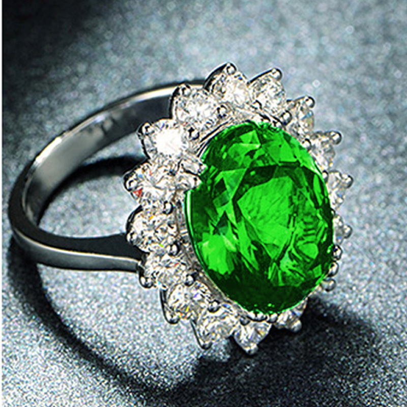 开口豪华皇家贵妃款祖母绿钻戒指 锆镶嵌锆石王妃结婚绿宝石戒指