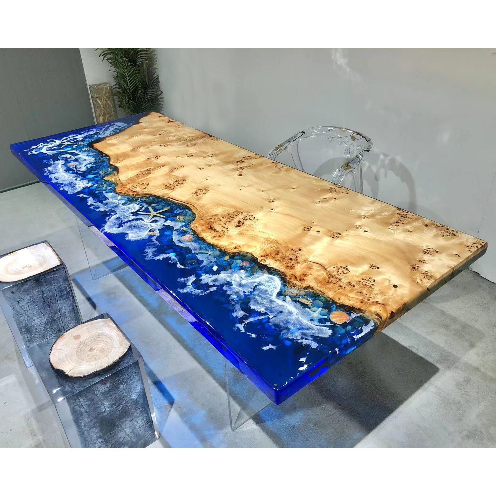 环氧树脂桌子河流桌茶桌台杨木大板桌原木海浪