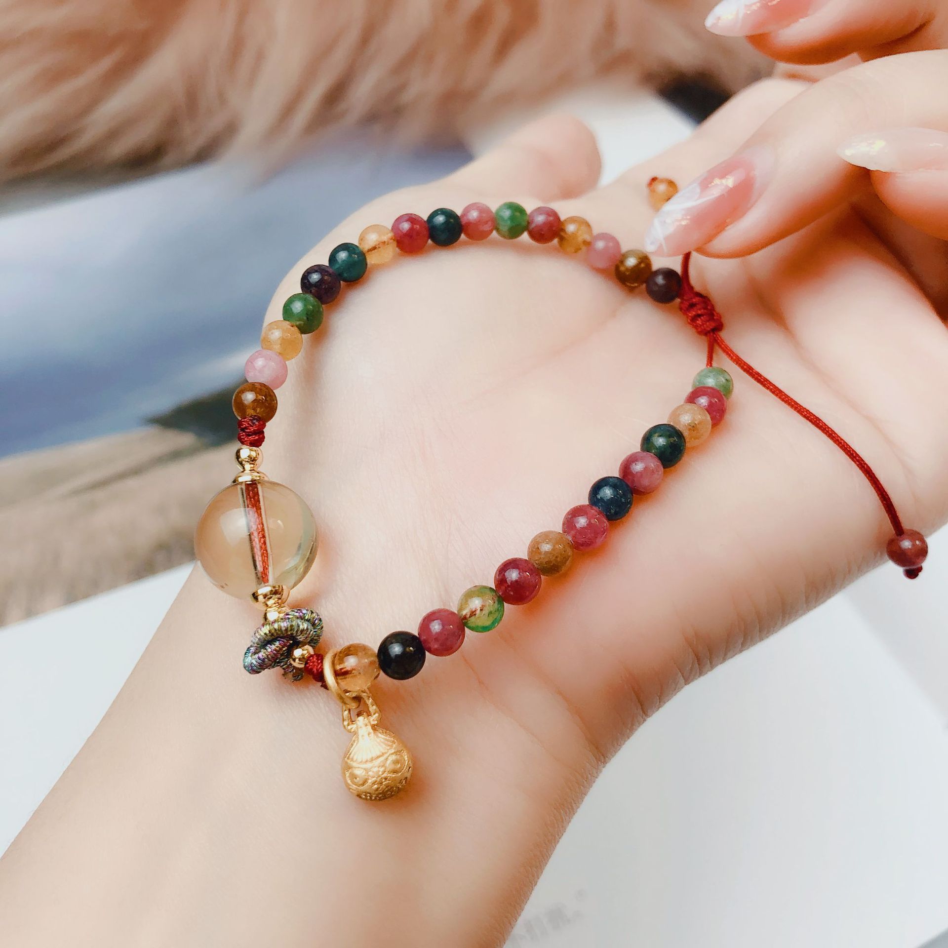 碧玺黄水晶手链三圈手编绳吞金兽奥地利水晶手串手工饰品串珠礼品