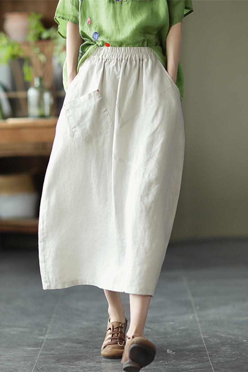 7155#夏季复古文艺亚麻半身裙松紧腰拼接显瘦中长款纯色女裙子