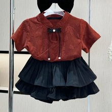 女童短袖套装2024夏季新款童装中国风女孩洋气时髦百褶裙两件套潮