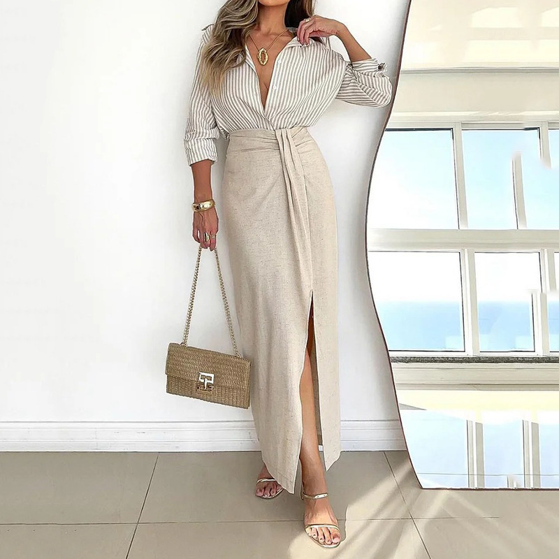 2024跨境外贸独立站欧美女士夏季新款长袖条纹上衣百褶裙两件套