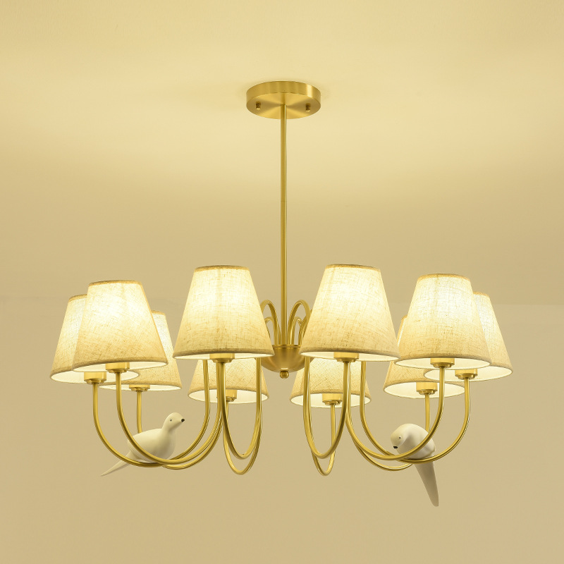 全铜灯美式乡村客厅吊灯 现代简约北欧卧室灯具 餐厅布罩小鸟灯饰