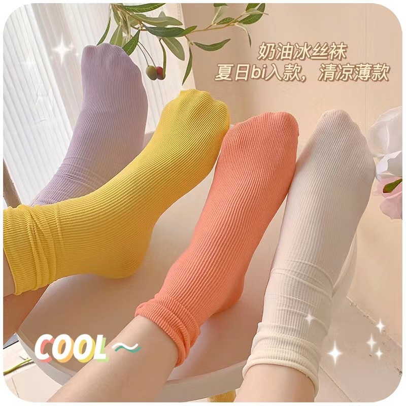 Cream Color Ice Socks Women's Summer Thin Velvet Mid-Calf Socks Ins Trendy Spring and Summer JK Bunching Socks