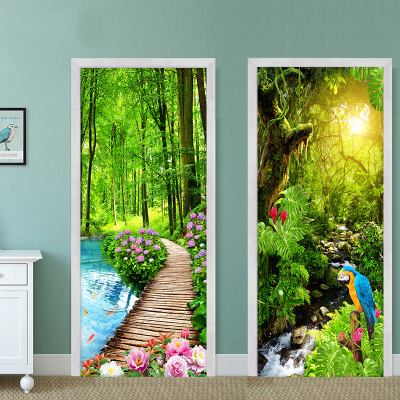 风景门贴纸整张自粘装饰房间衣柜推拉木门翻新厕所玻璃门贴画防水