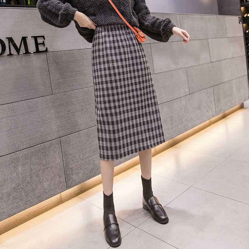 格子a字裙半身裙女秋冬中长款2021年新款高腰仿毛呢包臀裙子长裙
