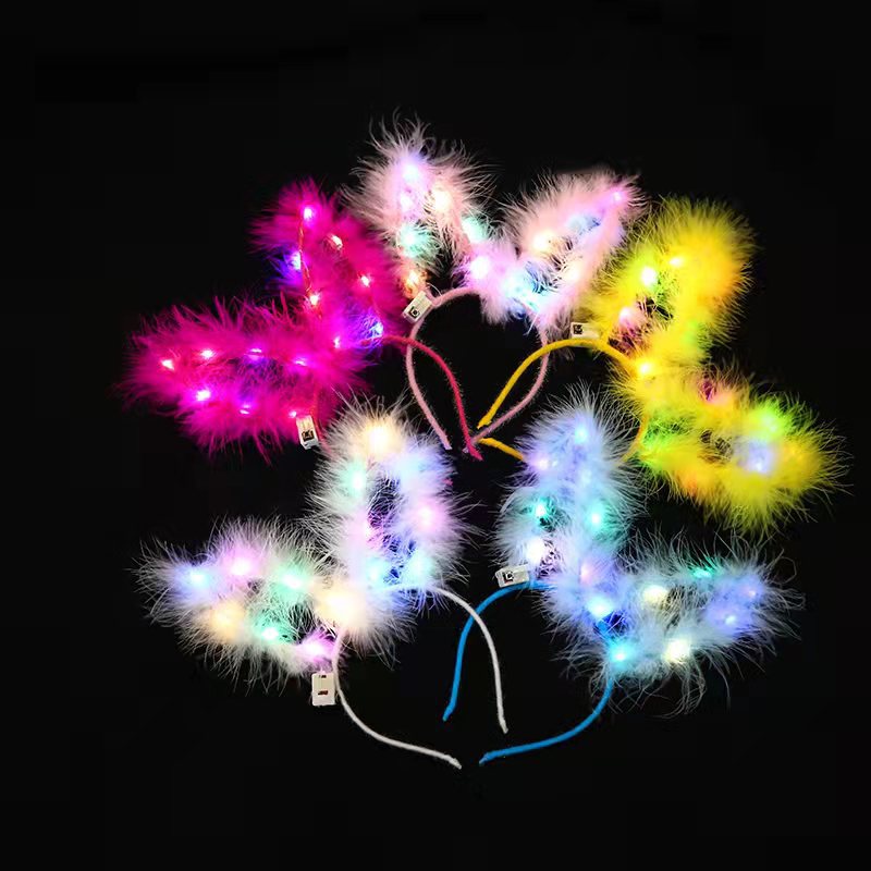 新款加长金丝兔耳朵发光头饰带灯演唱会道具猫兔耳朵发箍夜市玩具