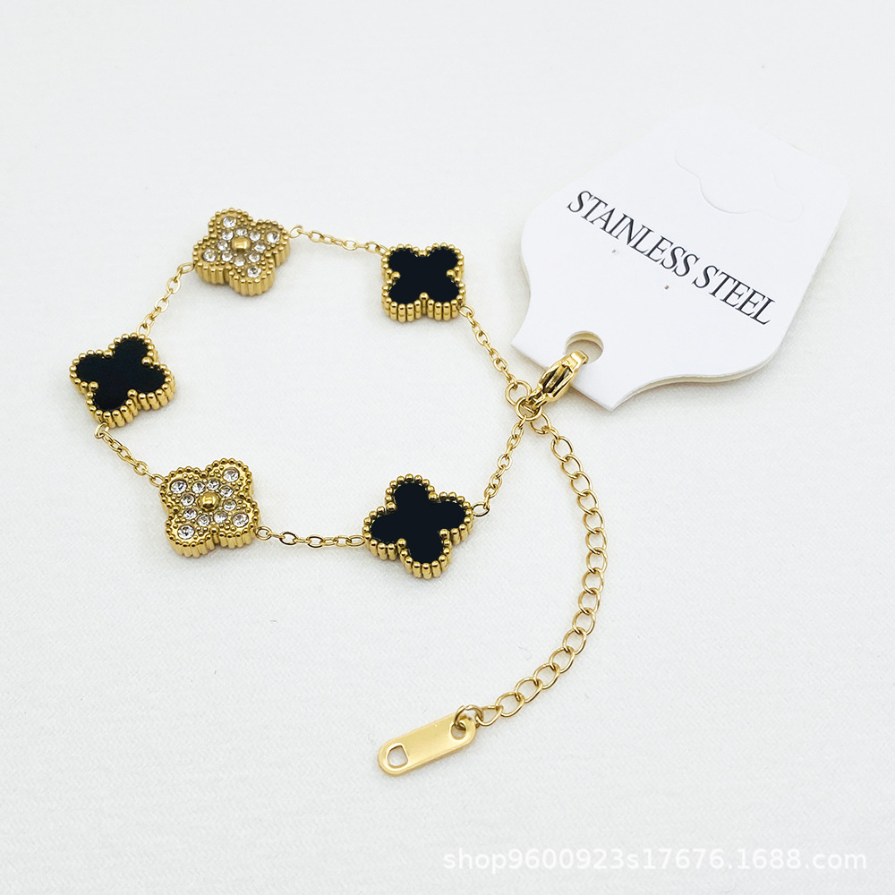 梵家四叶草镶钻手链18k金不掉色钛钢材质手链送女友夹花手链厂家