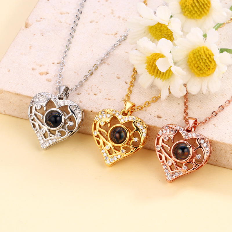 欧美新款跨境wish爱心项链女100种语言我爱你时尚锆石气质锁骨链