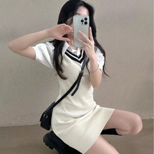 韩国chic夏季学院风撞色泡泡袖洋装收腰又甜又辣针织包臀短裙子