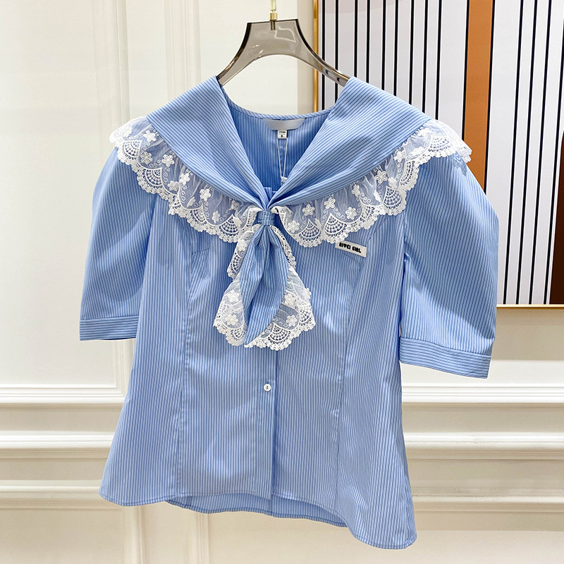 2024夏季新款女士蓝色少女减龄海军领条纹衬衫学院风气质上衣