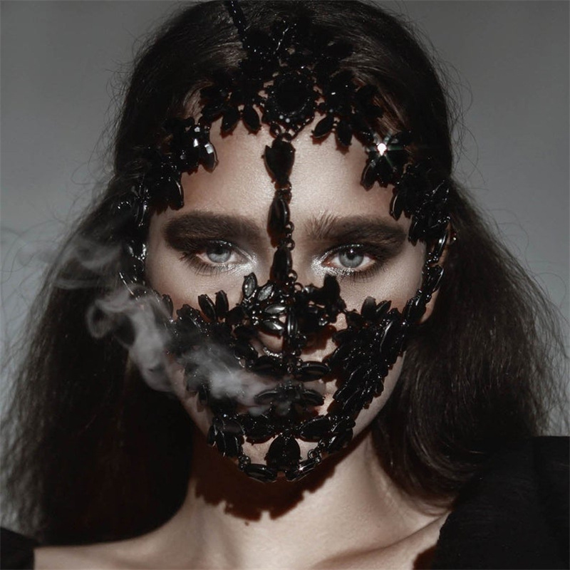 欧美跨境热销夸张化妆舞会面具 时尚派对表演水钻黑色面具女mask