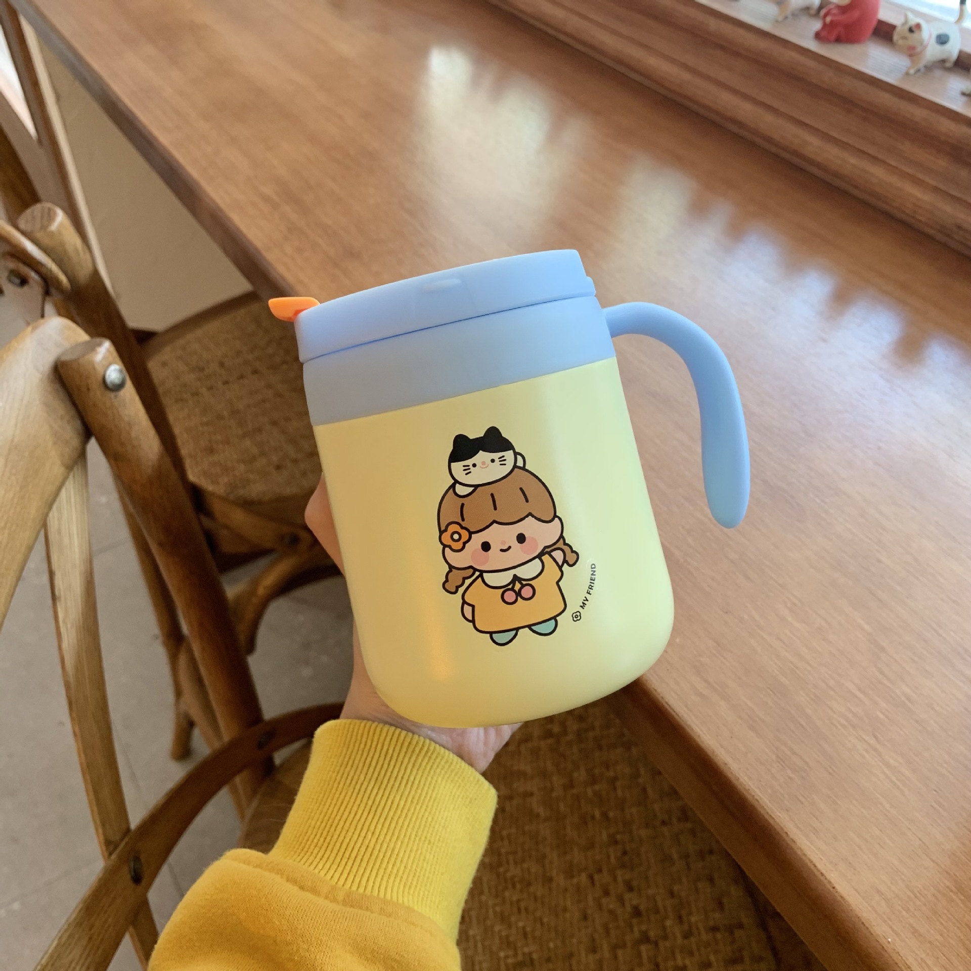 Korean Cute Cartoon Thermal Mug Household Office Coffee Cup with Handle 304 Stainless Steel Water Cup Student Leak-Proof