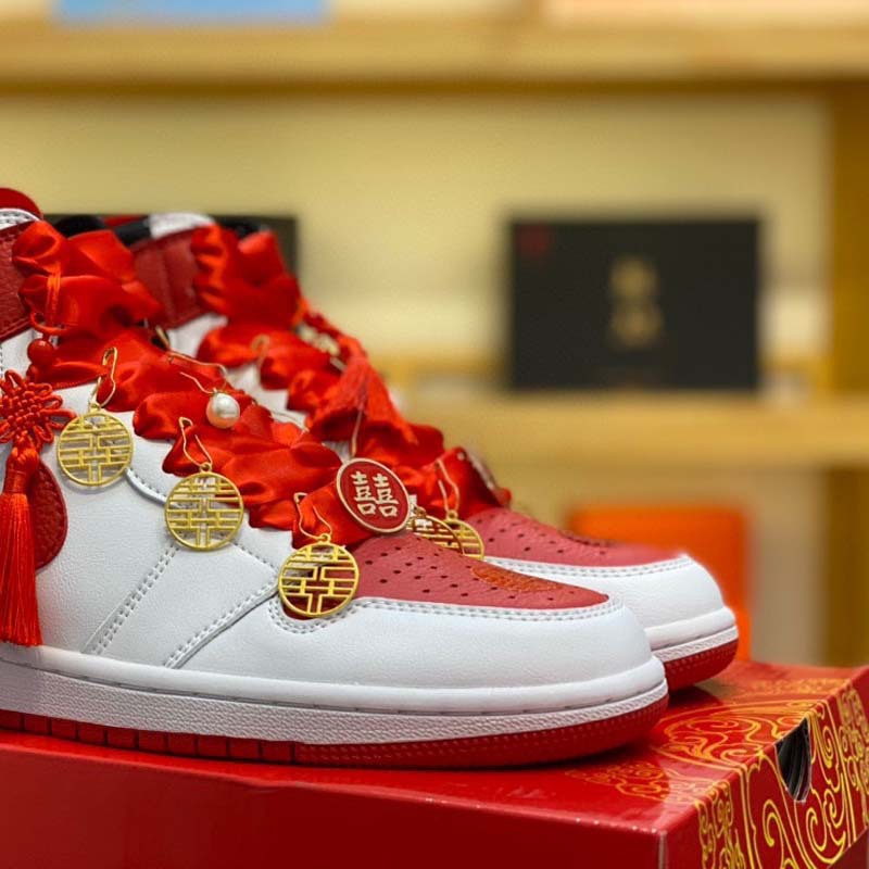 莆田鞋2023新款aj1高帮婚鞋 结婚情侣运动鞋红色休闲板鞋喜庆过年
