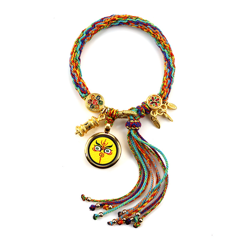 Thangka Tibetan Style Carrying Strap Hand Rub Cotton String Woven Bracelet Five Gods of Wealth Eyes Zachilam Green Tara Beads Thangka
