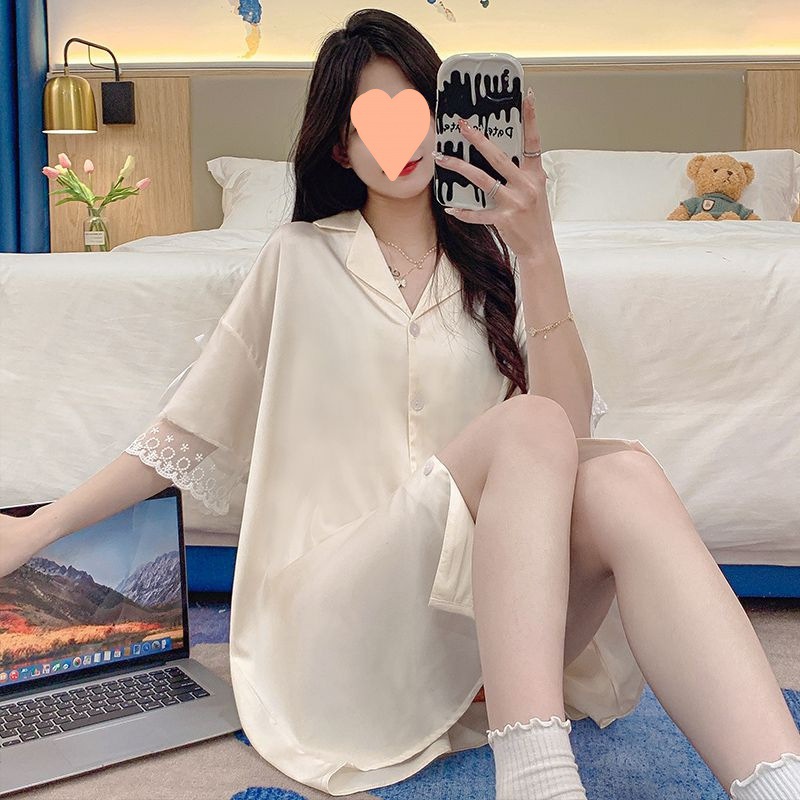 睡裙女短袖冰丝绸男友风纯欲睡衣裙薄款性感衬衫开衫裙蕾丝家居服