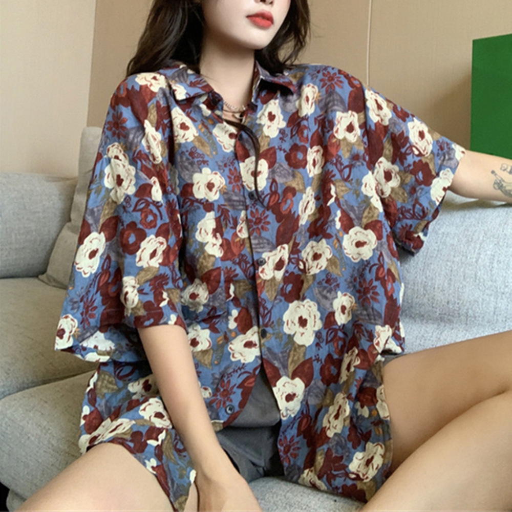 复古港味短袖花衬衫女设计感小众夏威夷夏季宽松衬衣休闲百搭上衣