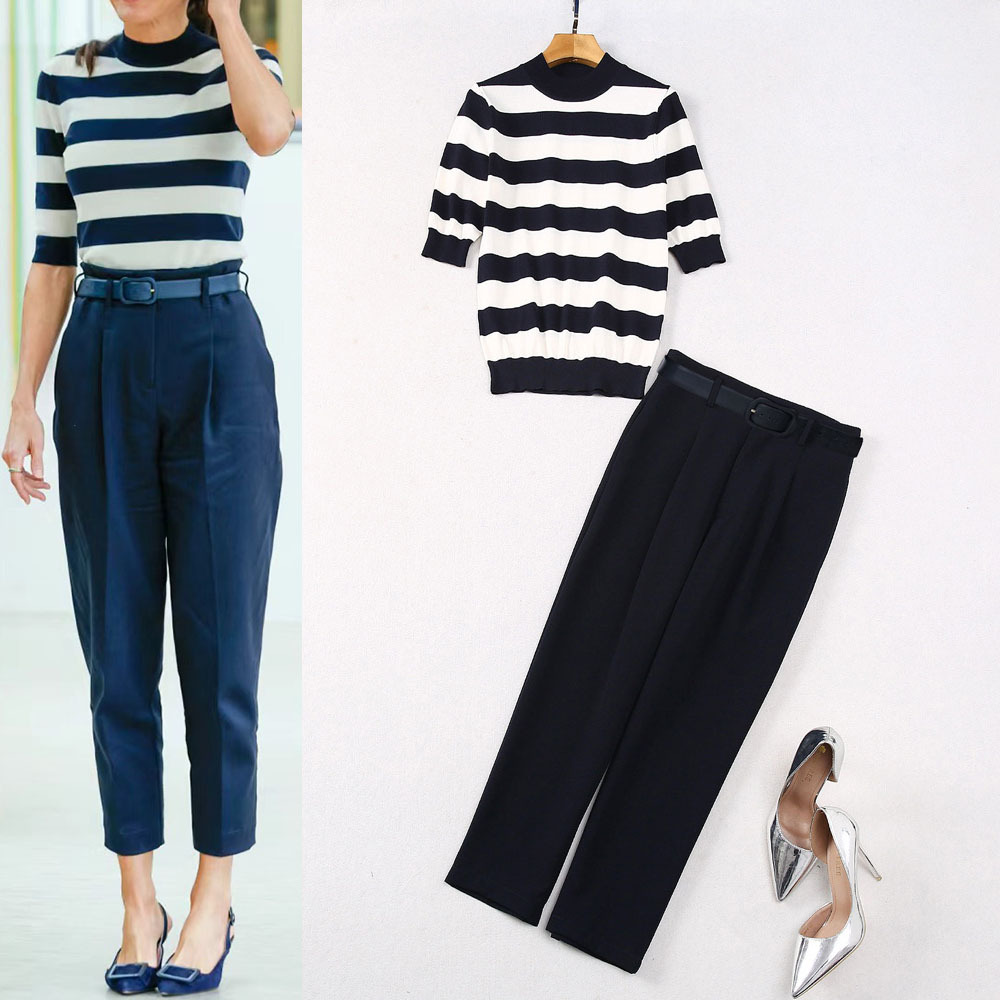 欧美风套装2024年早春跨境女装新款撞色条纹针织衫配铅笔裤两件套