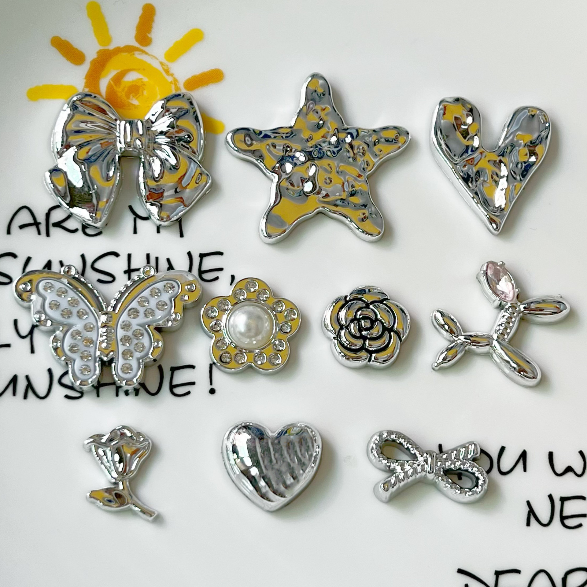 银色系列亮面五角星蝴蝶结蝴蝶花朵洞洞鞋扣贴片发夹发饰树脂配件