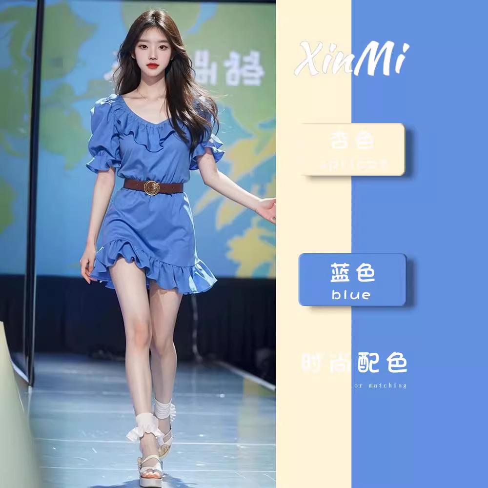 茶歇法式气质蓝色收腰连衣裙小个子初恋清纯奶甜裙子夏装2024新款