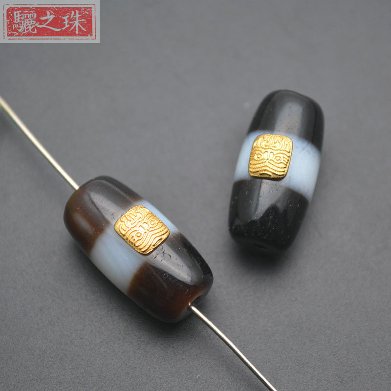 电镀金色925银天然黑玛瑙扎基药师条纹天珠diy项链文玩高级配