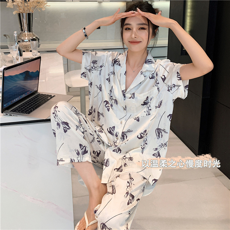 Summer Romantic Moonlight Satin Homewear Caca New Ice Silk Pajamas Women's Short-Sleeved Trousers Cardigan Homewear Outer Wear