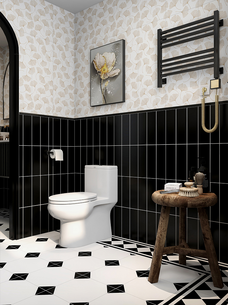 法式黑白格子花砖厨房卫生间银杏叶墙砖300×300阳台玄关防滑地砖