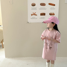 韩系女童2024夏季新款时髦洋气粉色可爱卡通中长款短袖连衣裙女